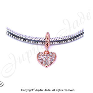 14kt Rose Gold Plated Cubic Zirconia Heart Dangle Bracelet Charm - Pandora Style